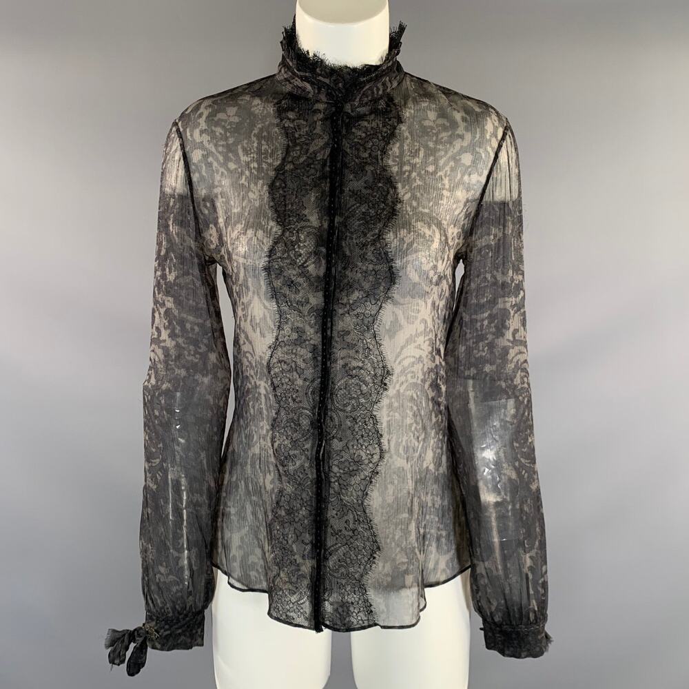 ELIE TAHARI Size S Black Grey Silk Paisley Sheer Blouse